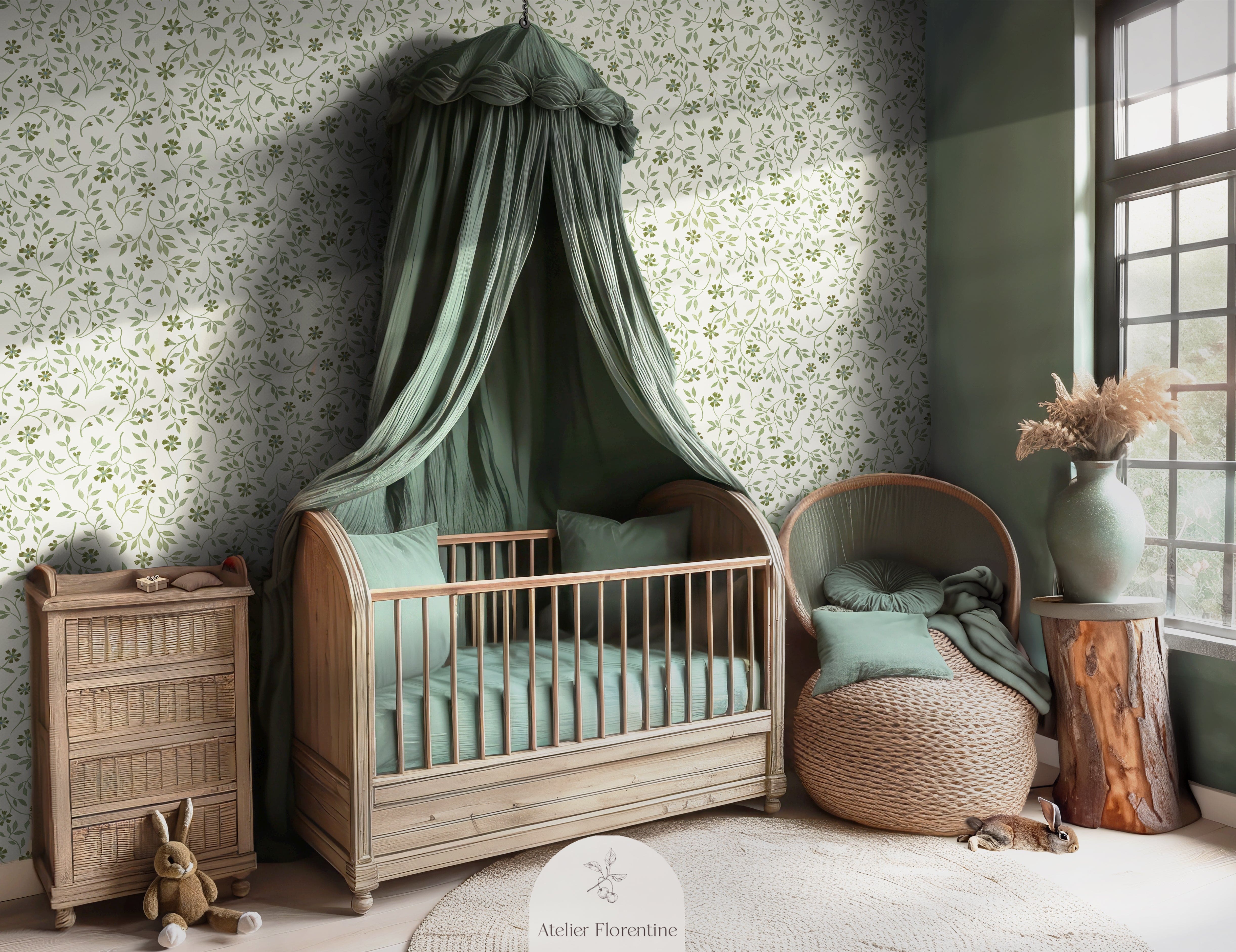 Children's wallpaper green flowers plants botanical kids wallpapers nursery