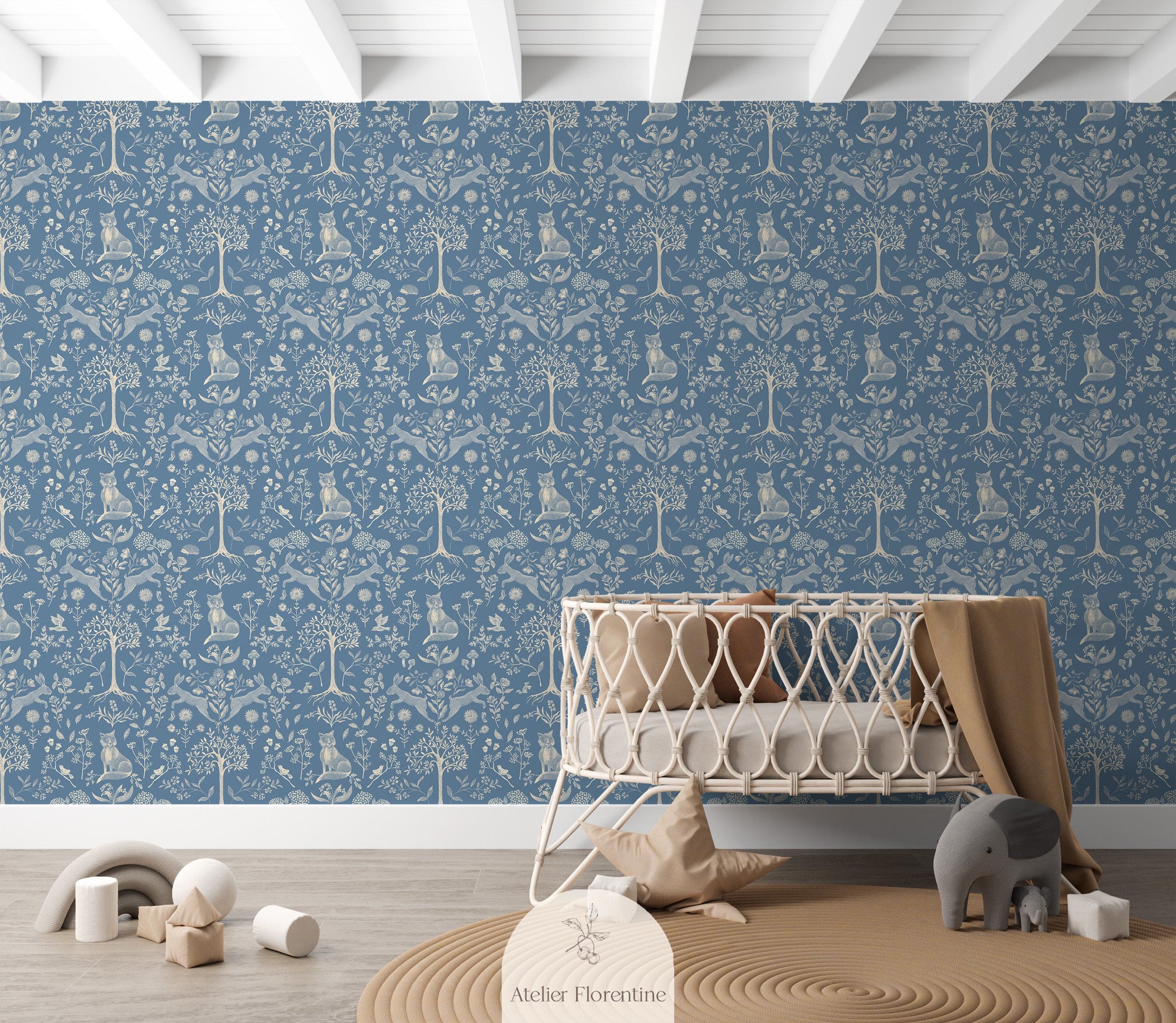 Children's wallpaper forest animals blue nursery kids decoration room wallpapers