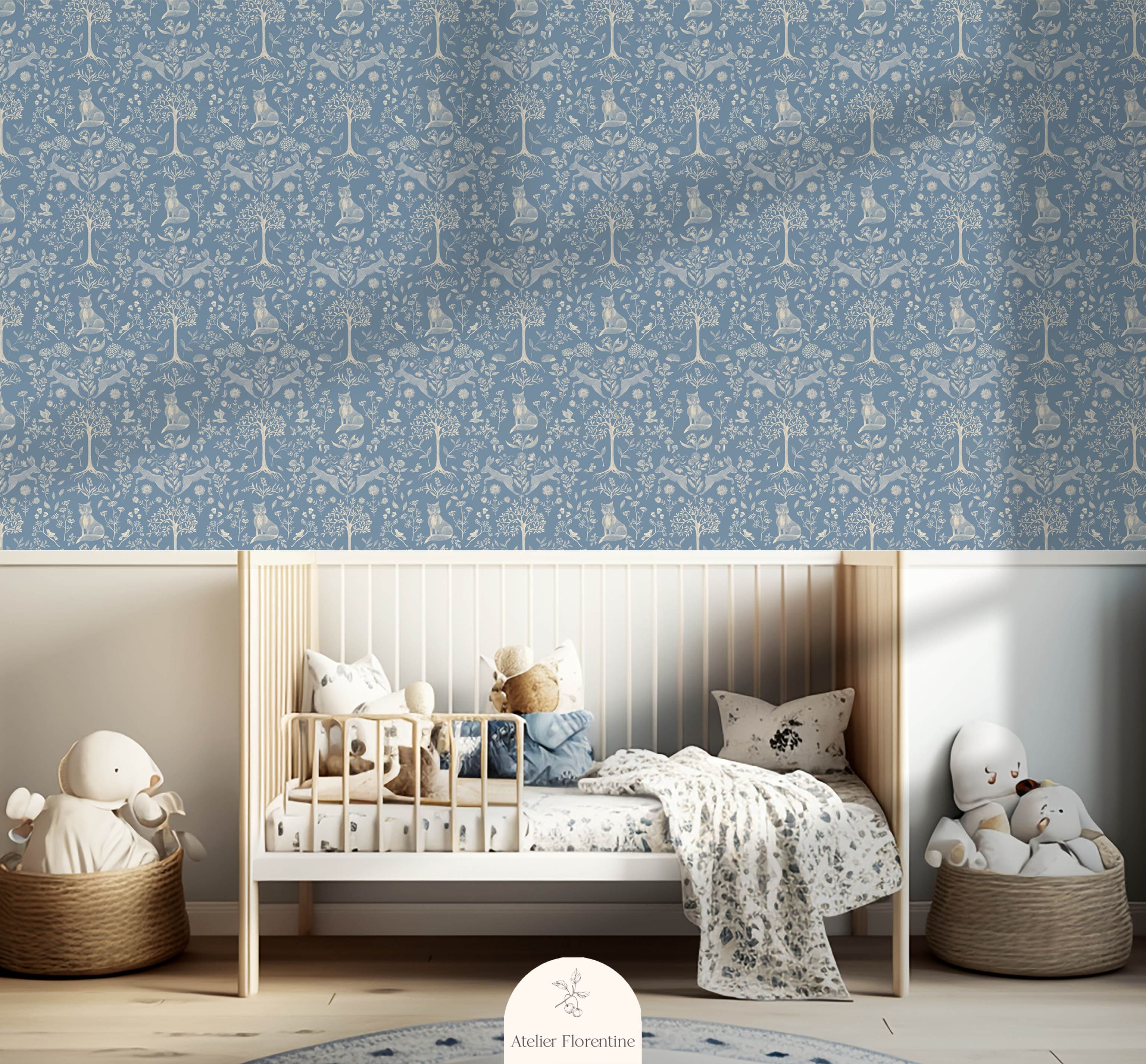 Children's wallpaper forest animals blue nursery kids decoration room wallpapers