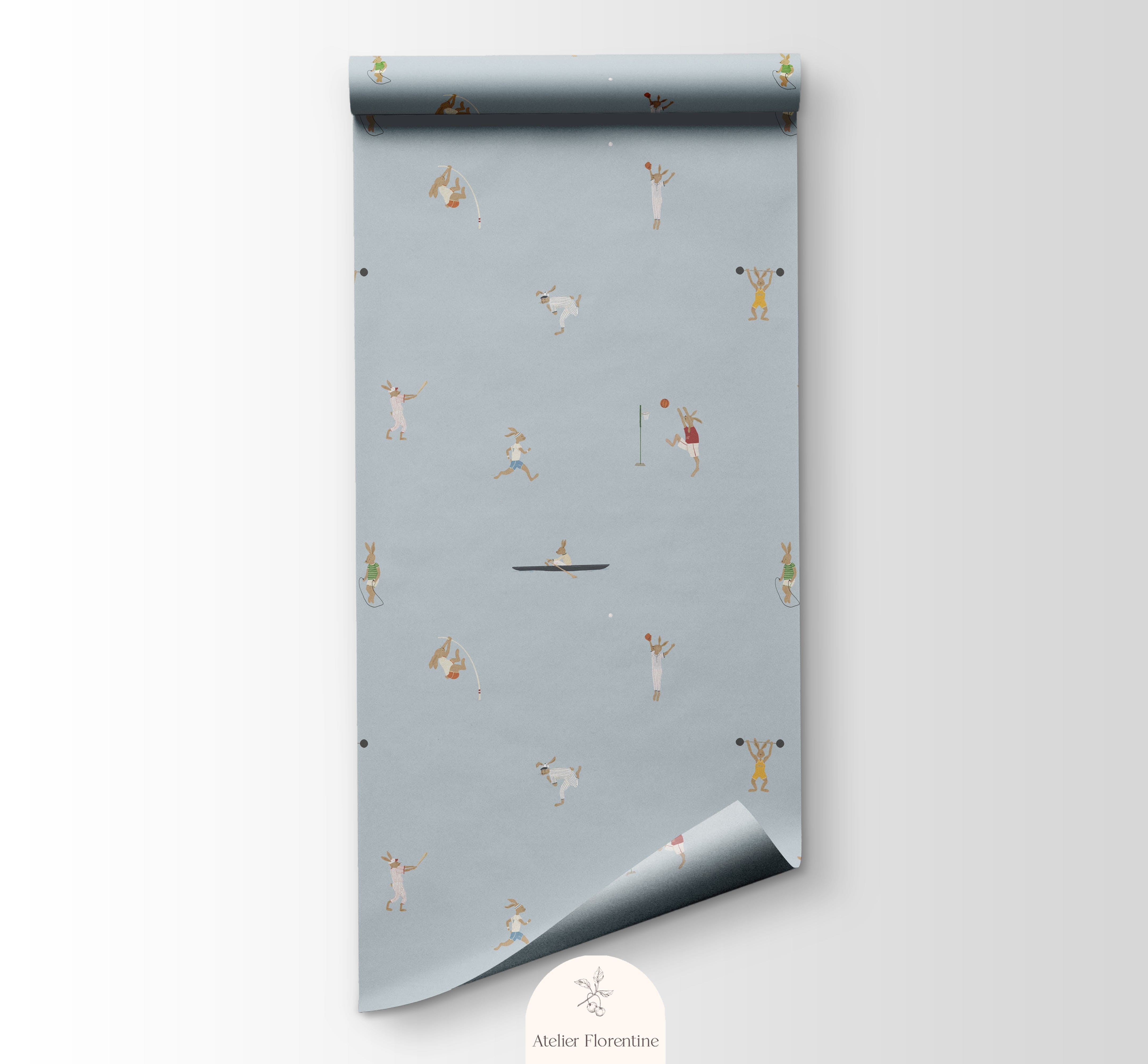 Sports bunnies blue wallpaper for children's rooms hand-painted design Amsterdam active theme