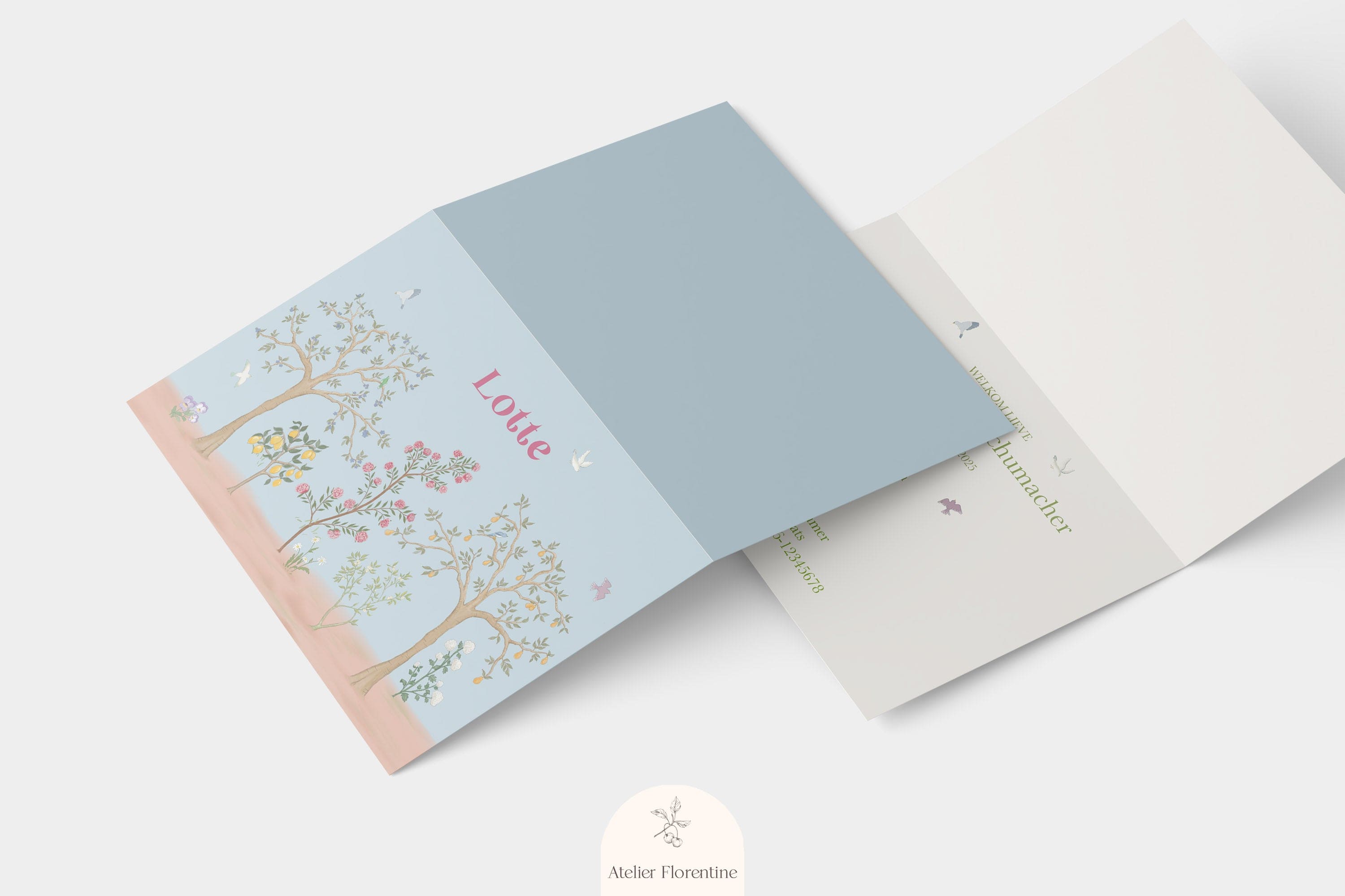 Birth announcement card Flower trees