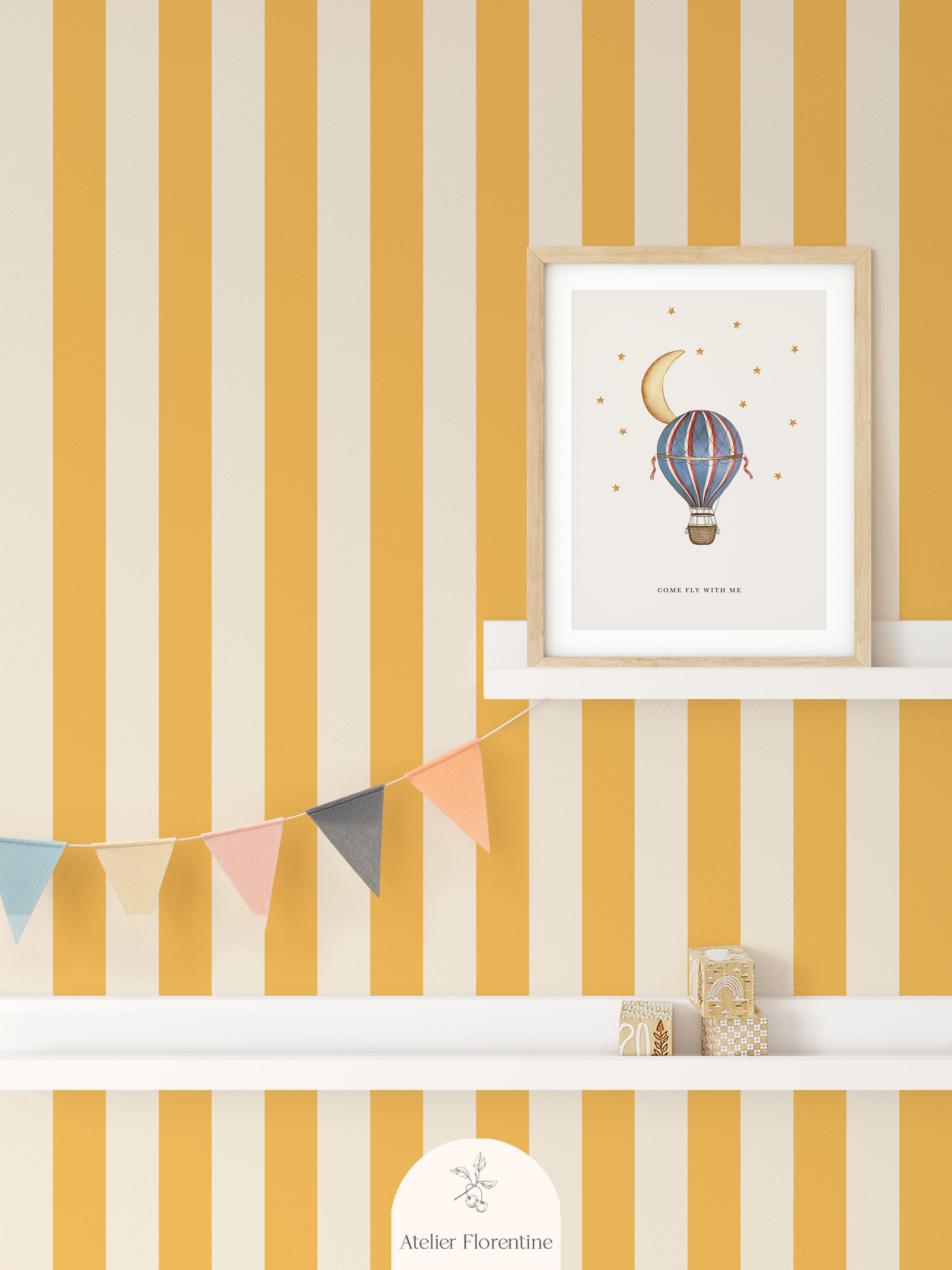 Nursery wallpaper, kids decor with yellow stripes, striped wallpaper for children