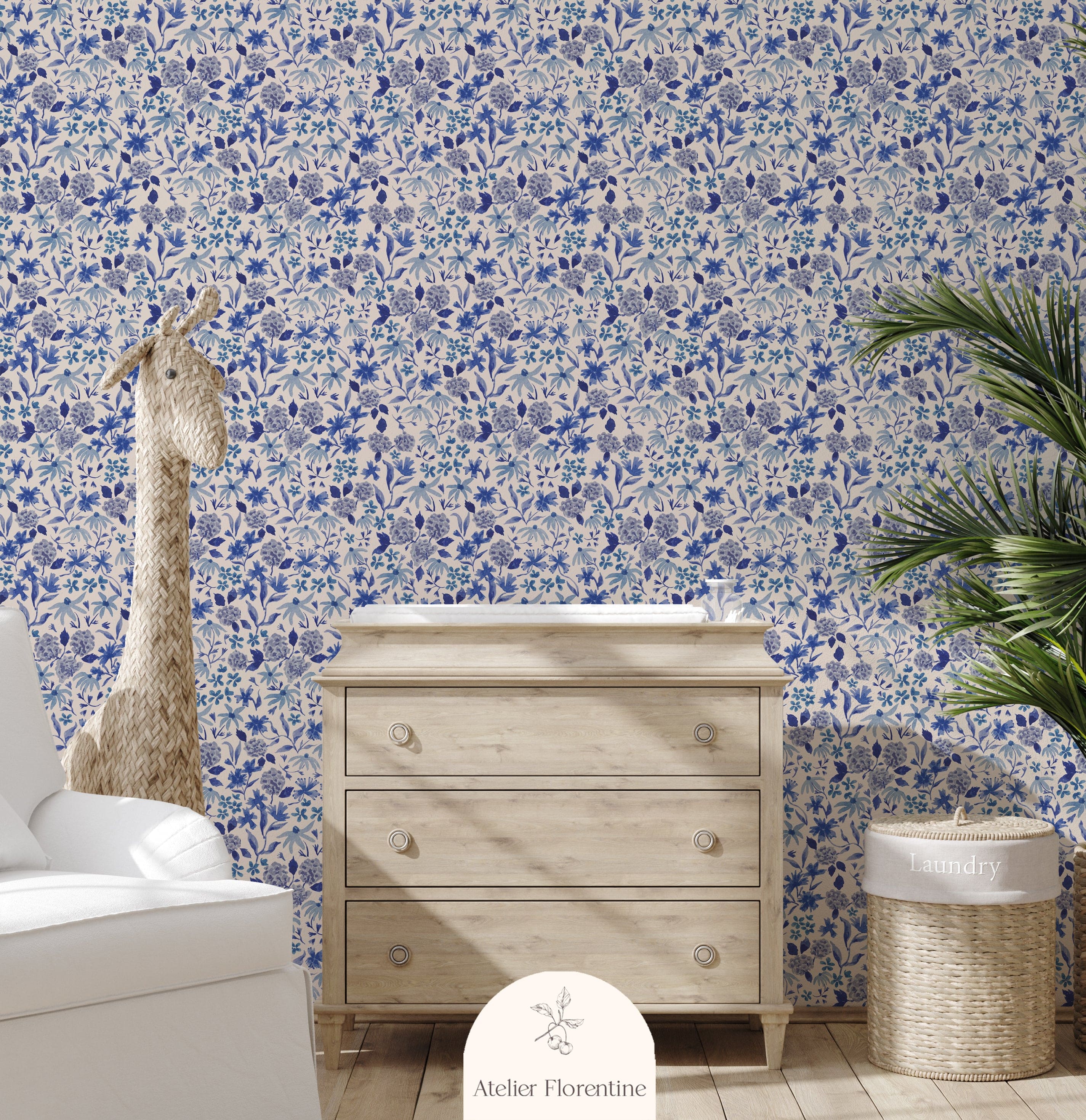 Blue Flower Wallpaper, wallpapers for kids, nursery, children's wallpaper flowers, decoration, peel & stick