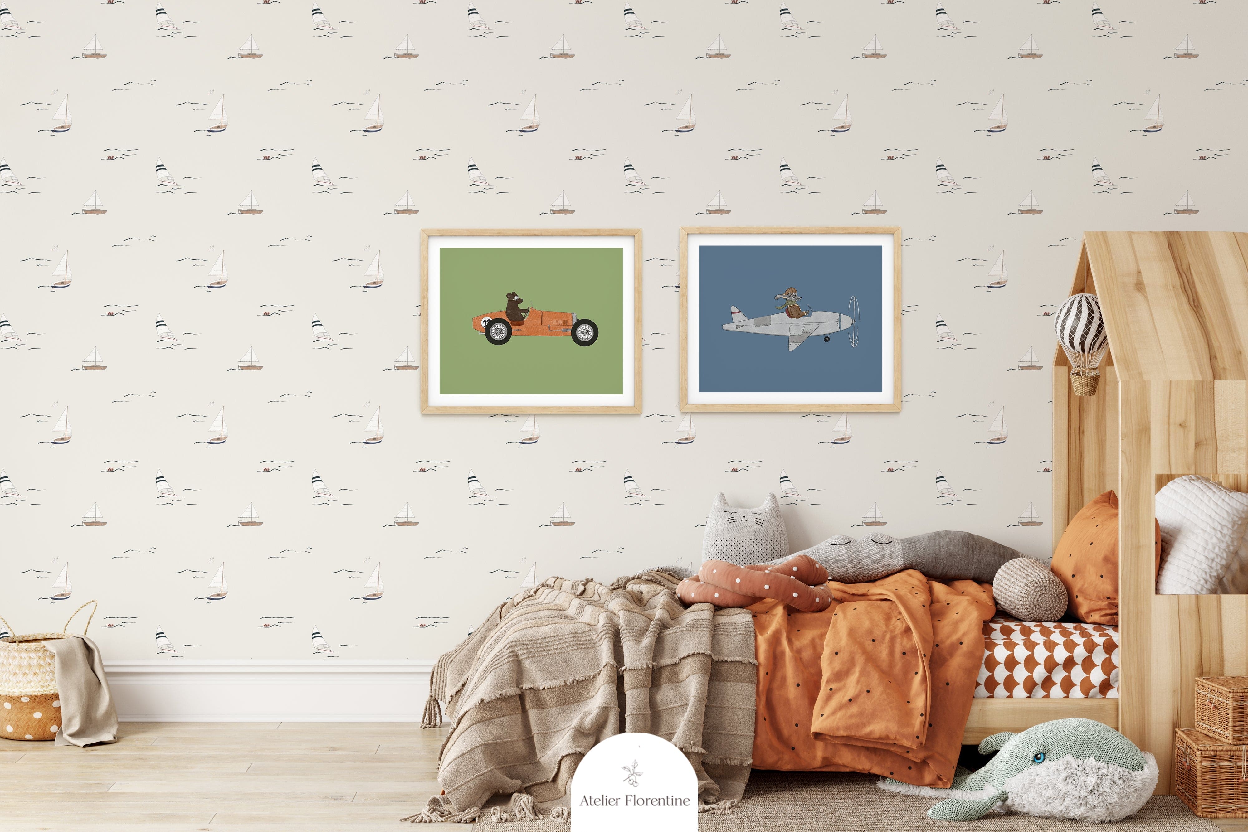 Hand-painted Print with bear in race car