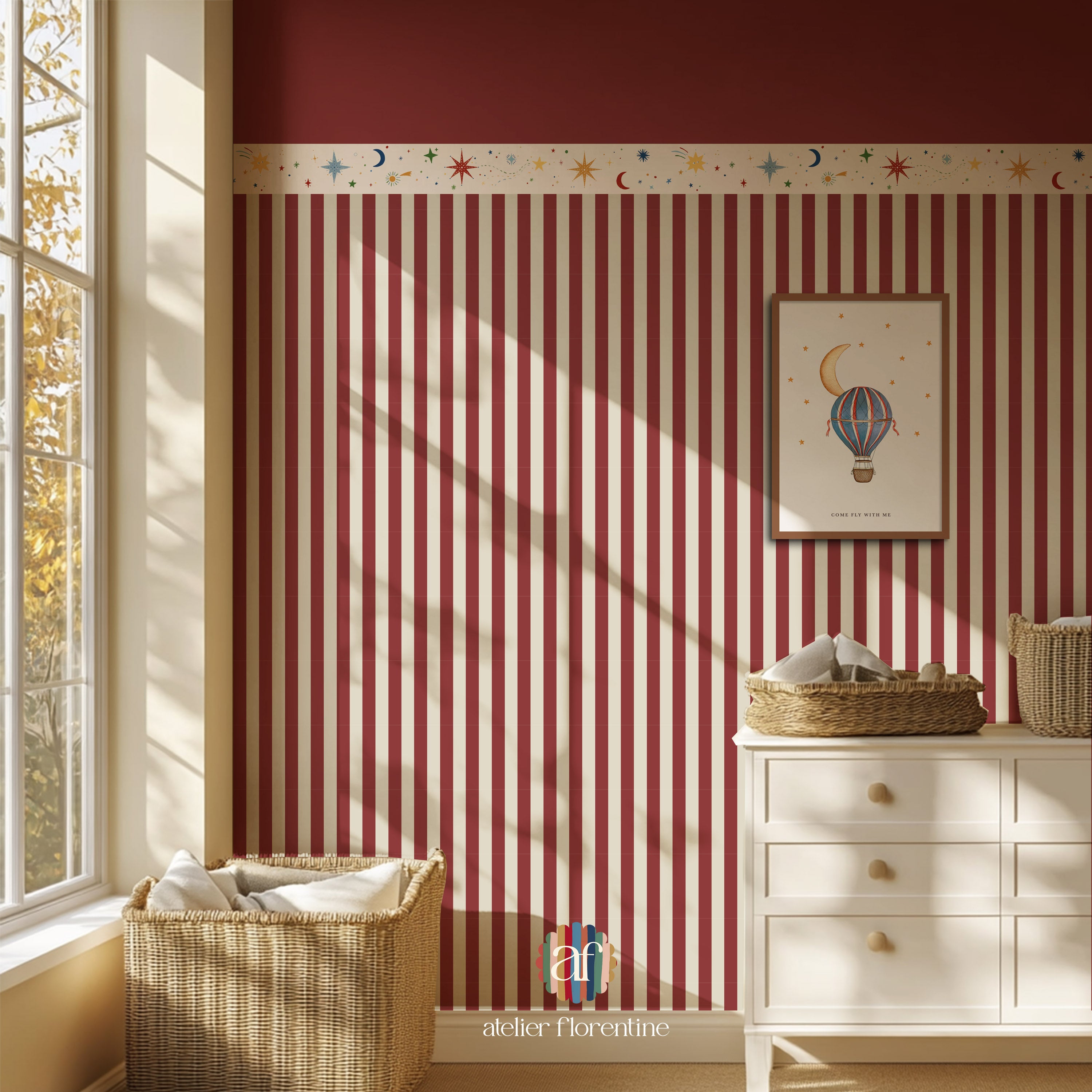 Children’s wallpaper with red stripes, perfect for kids’ bedrooms and nurseries