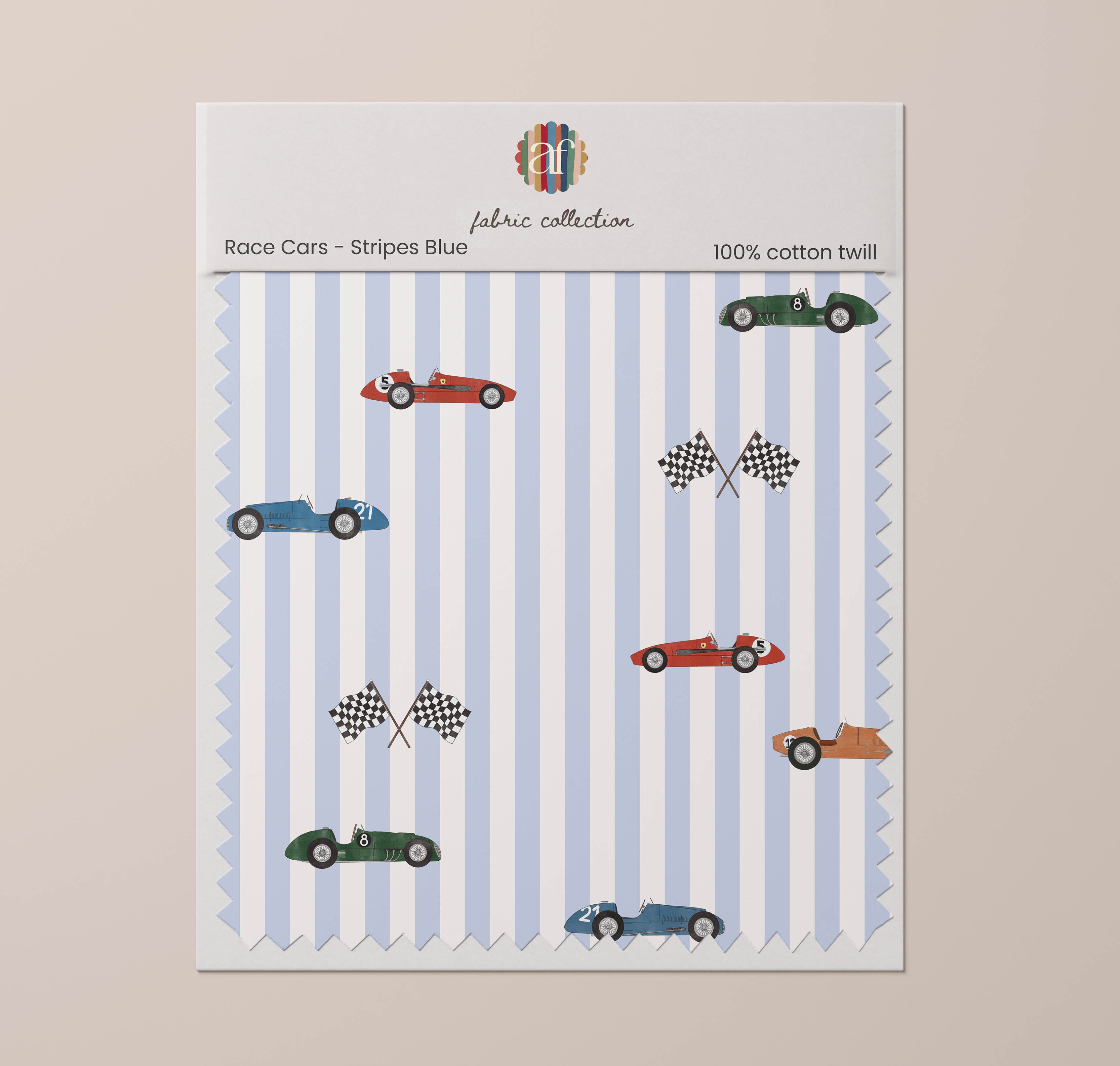 Nursery Fabric - Race Cars Stripes Blue
