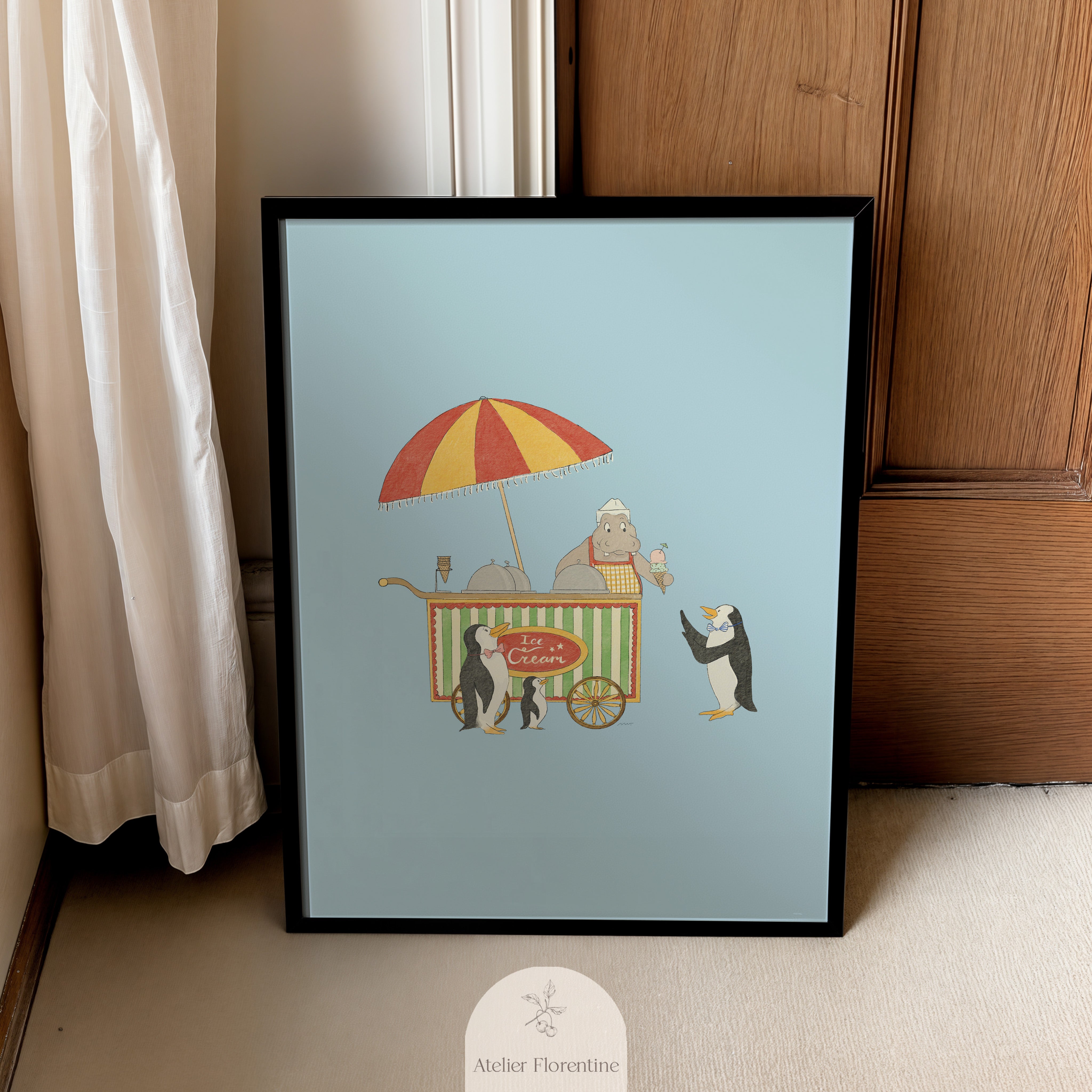 Art for children poster with hippo and ice cream nursery decor