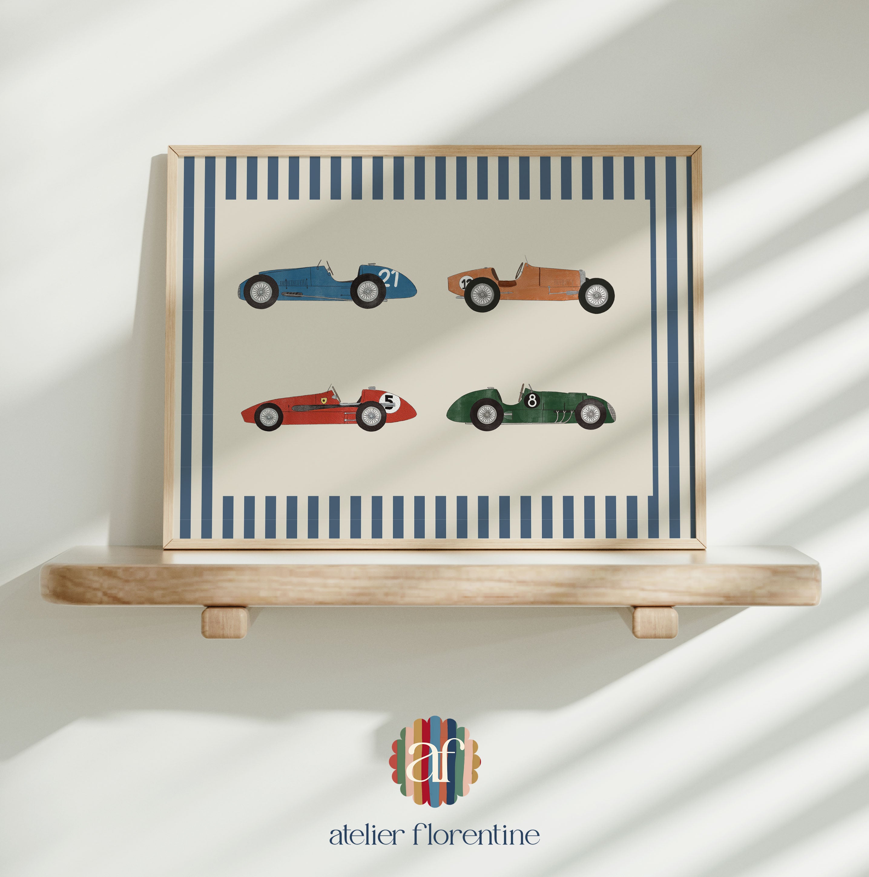 Nursery art work for kids children's room poster vintage race cars