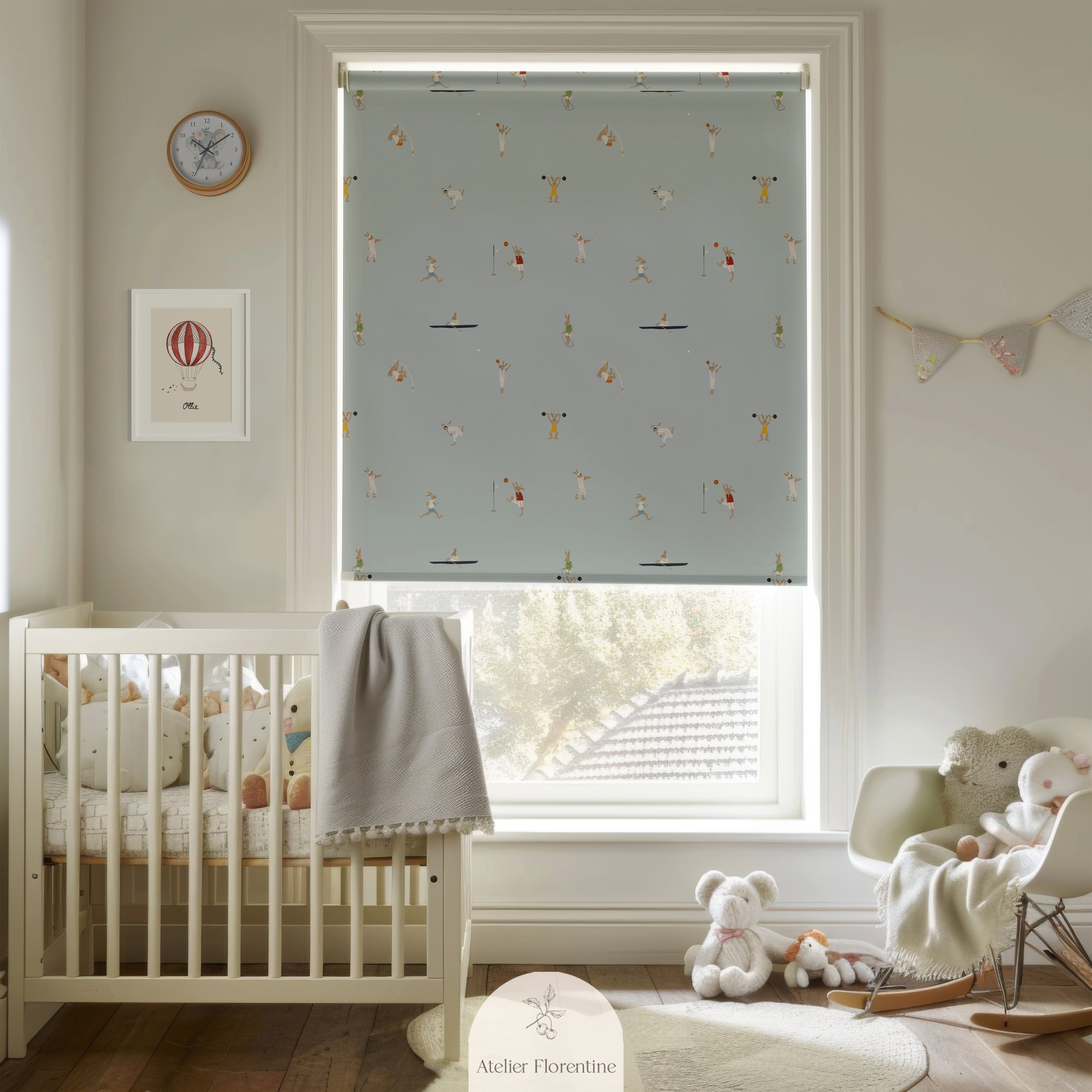 Nursery fabric curtains pillows bunnies