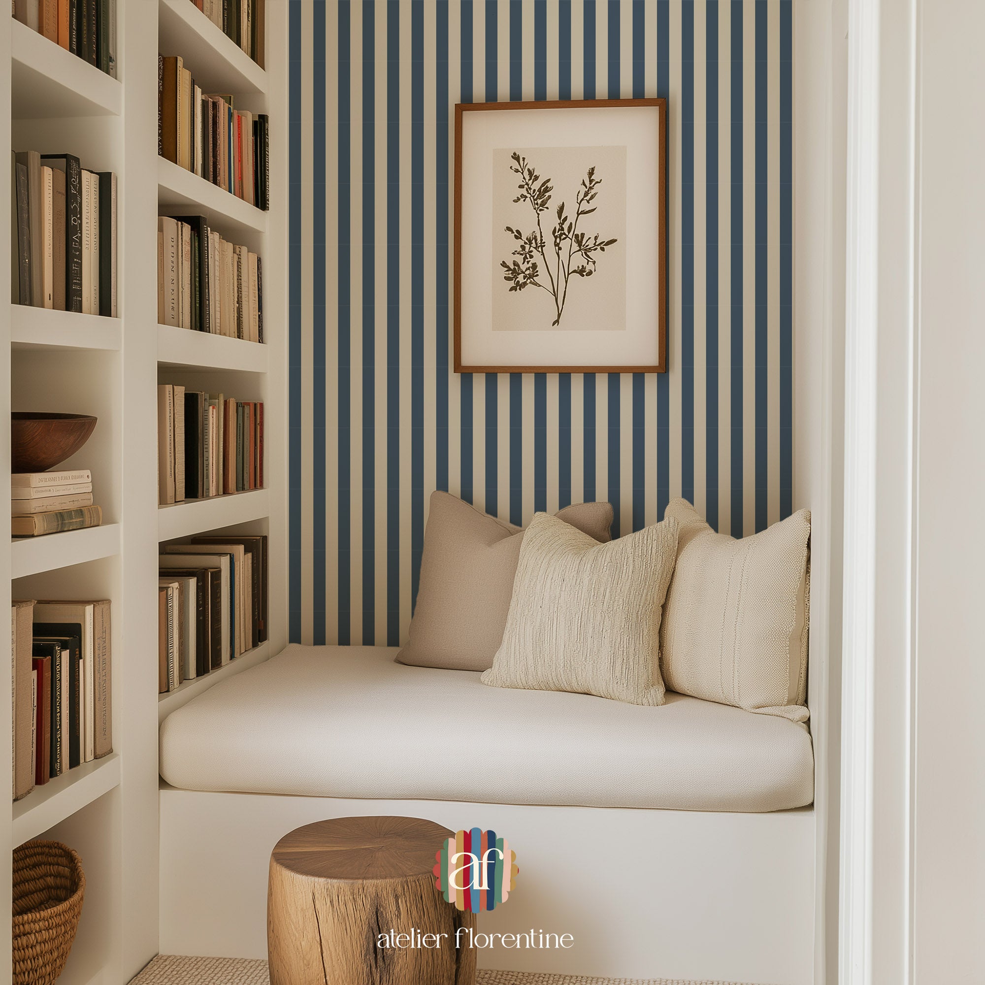 Children’s wallpaper with dark blue stripes, perfect for kids’ bedrooms and nurseries