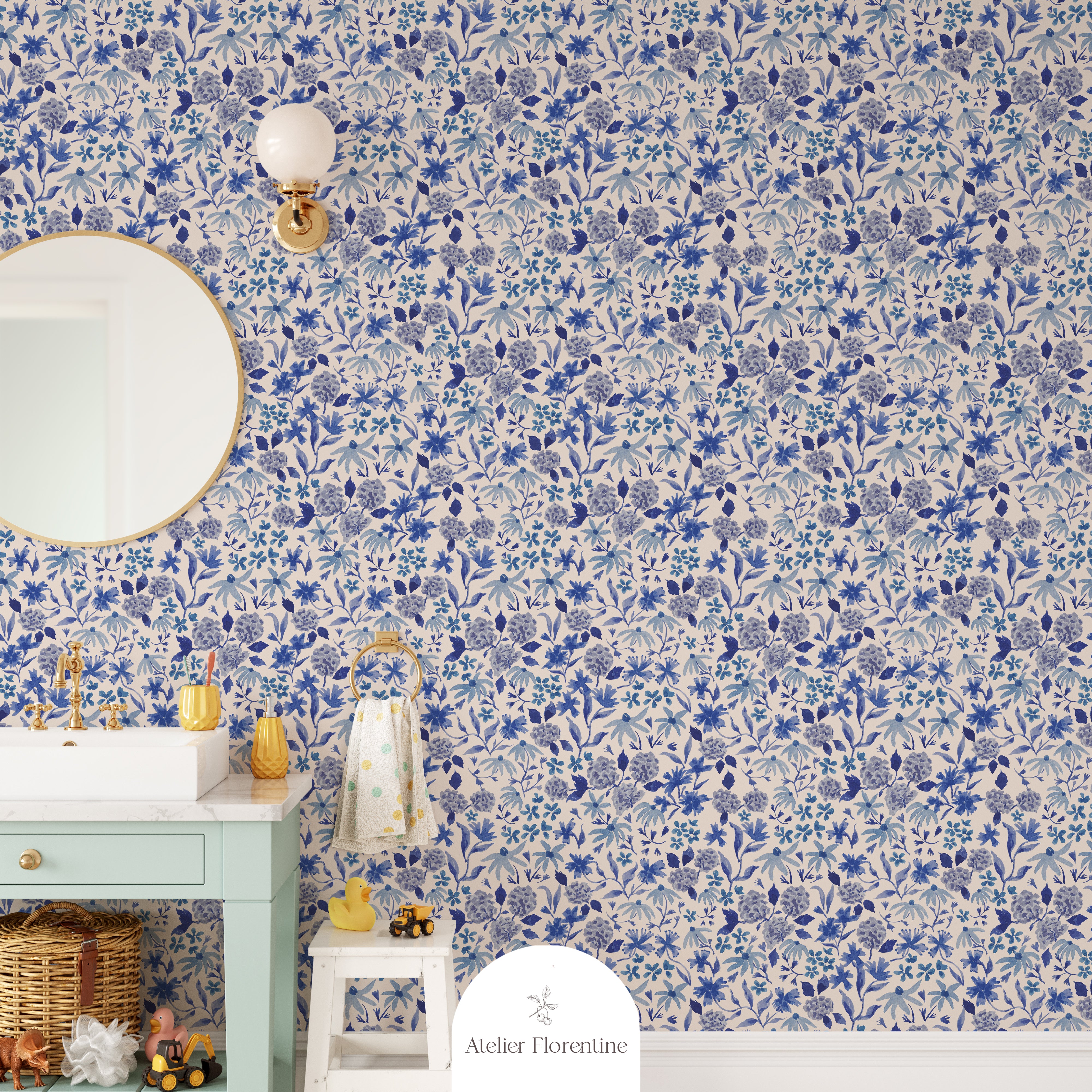 flower wallpaper for kids and nursery. Children's wallpapers with blue flowers