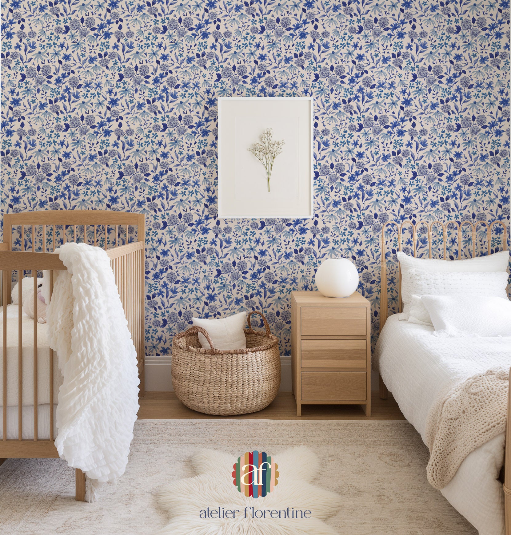 flower wallpaper for kids and nursery. Children's wallpapers with blue flowers