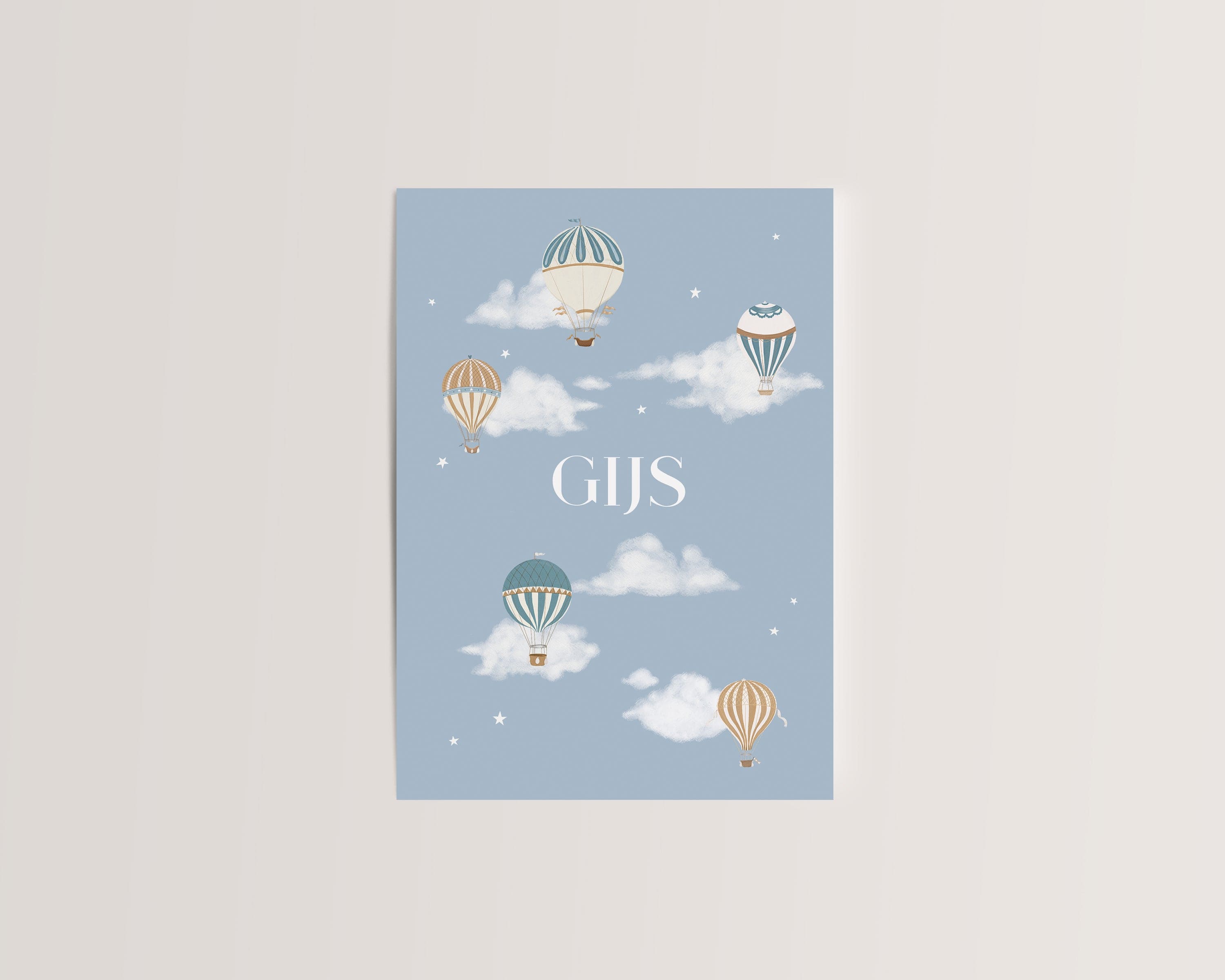 Hot air balloons birth card blue