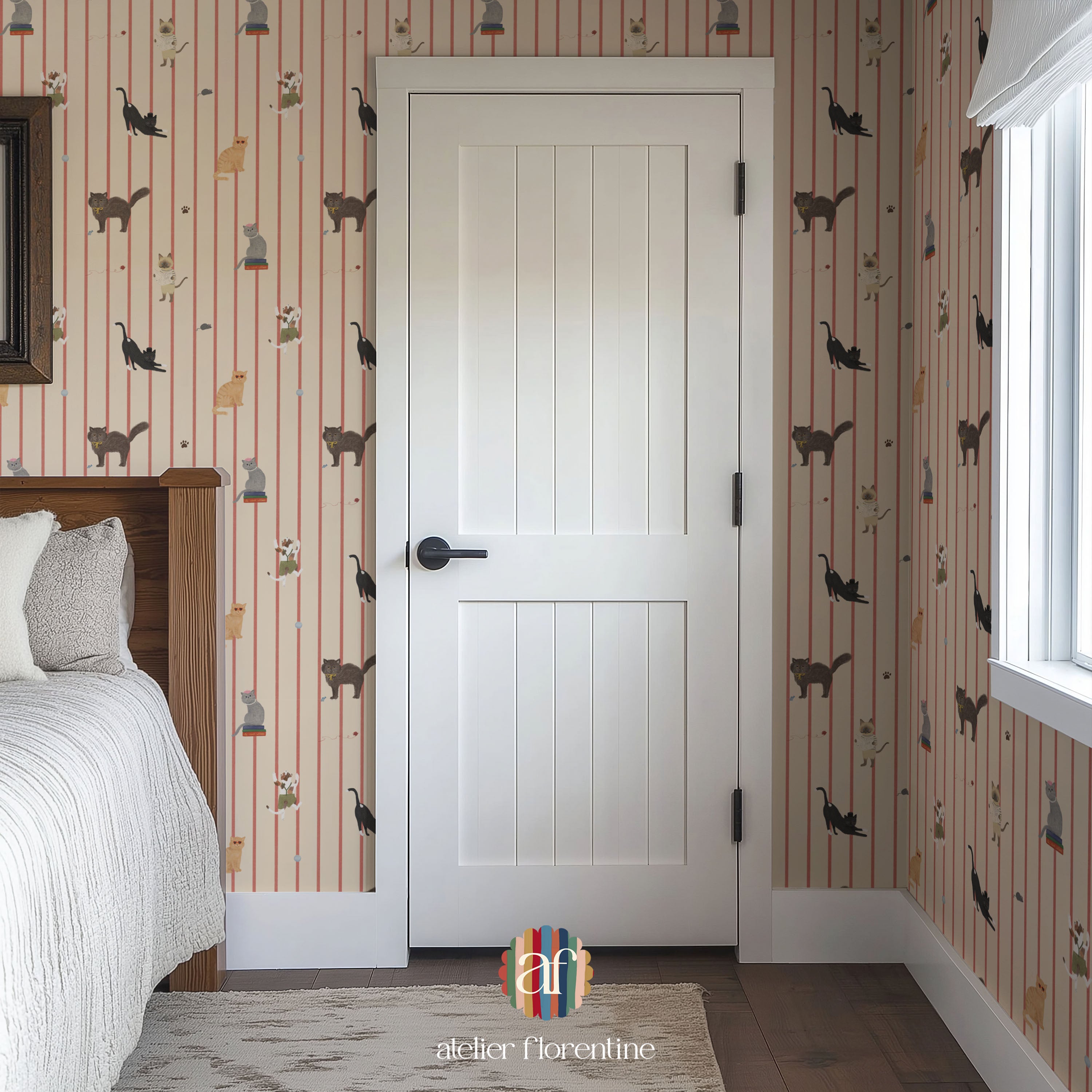 Children’s wallpaper featuring sweet cat pattern, perfect for nurseries and kids’ bedrooms.
