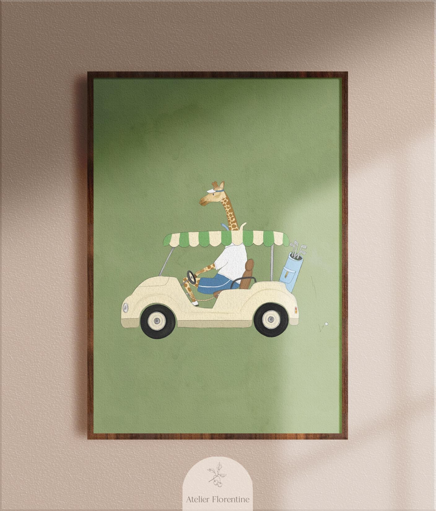 Poster Giraffe in golf cart