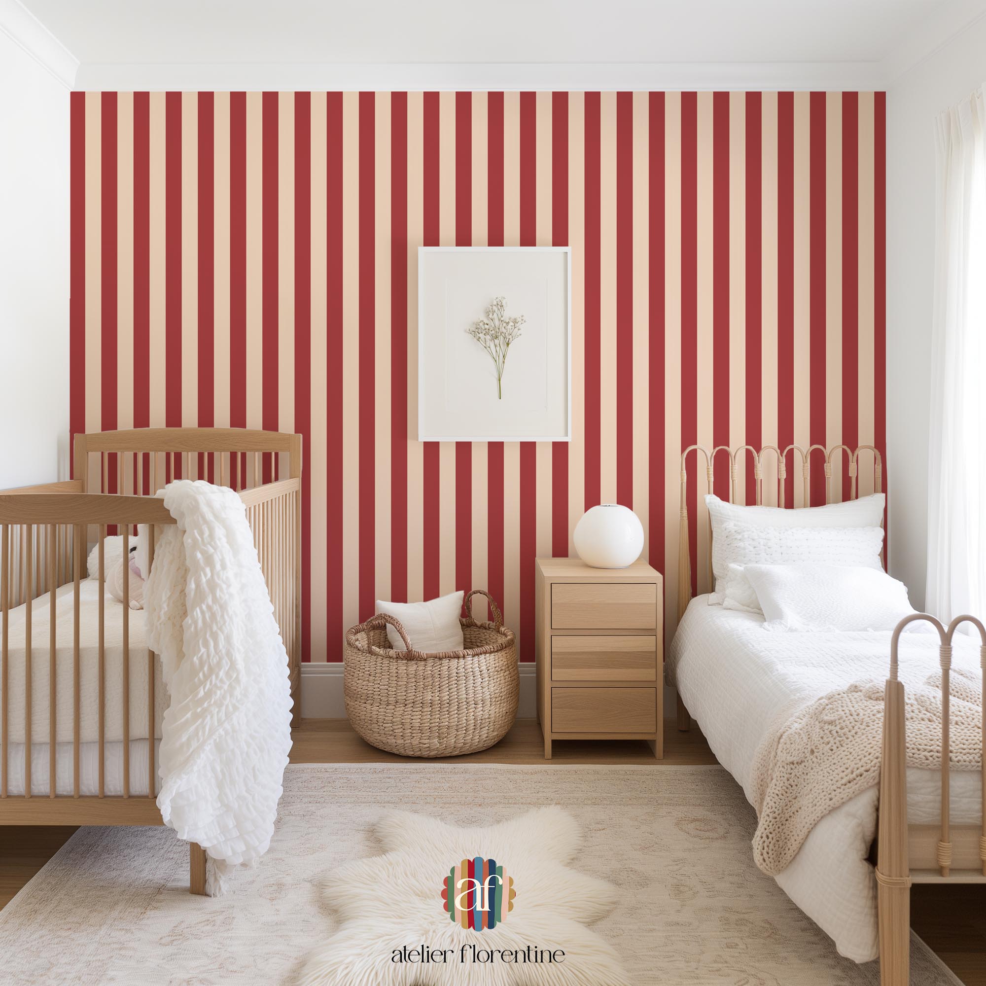 Nursery wallpaper, kids decor with red stripes, striped wallpaper for children