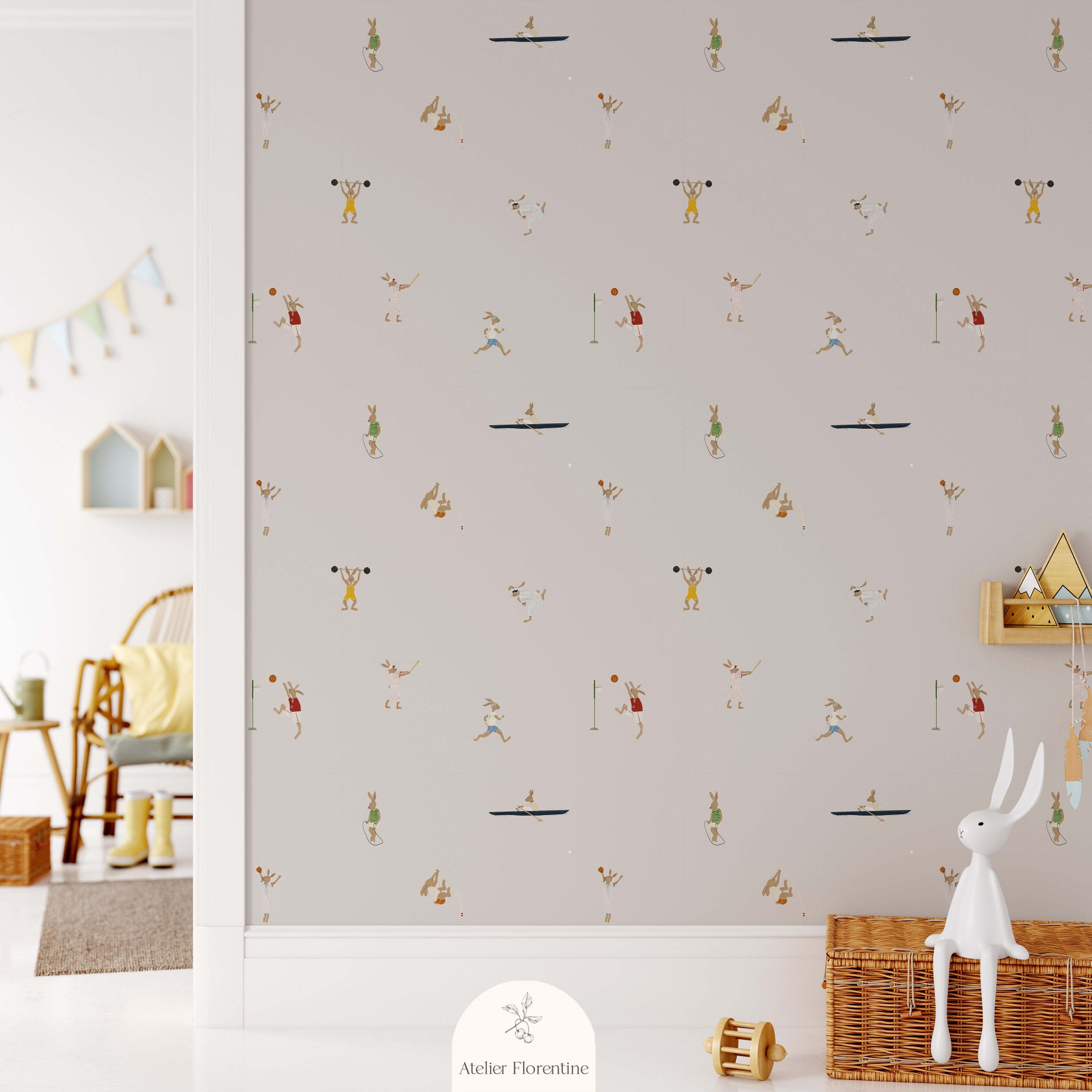 Sports bunnies beige wallpaper for children's rooms hand-painted design Amsterdam active theme