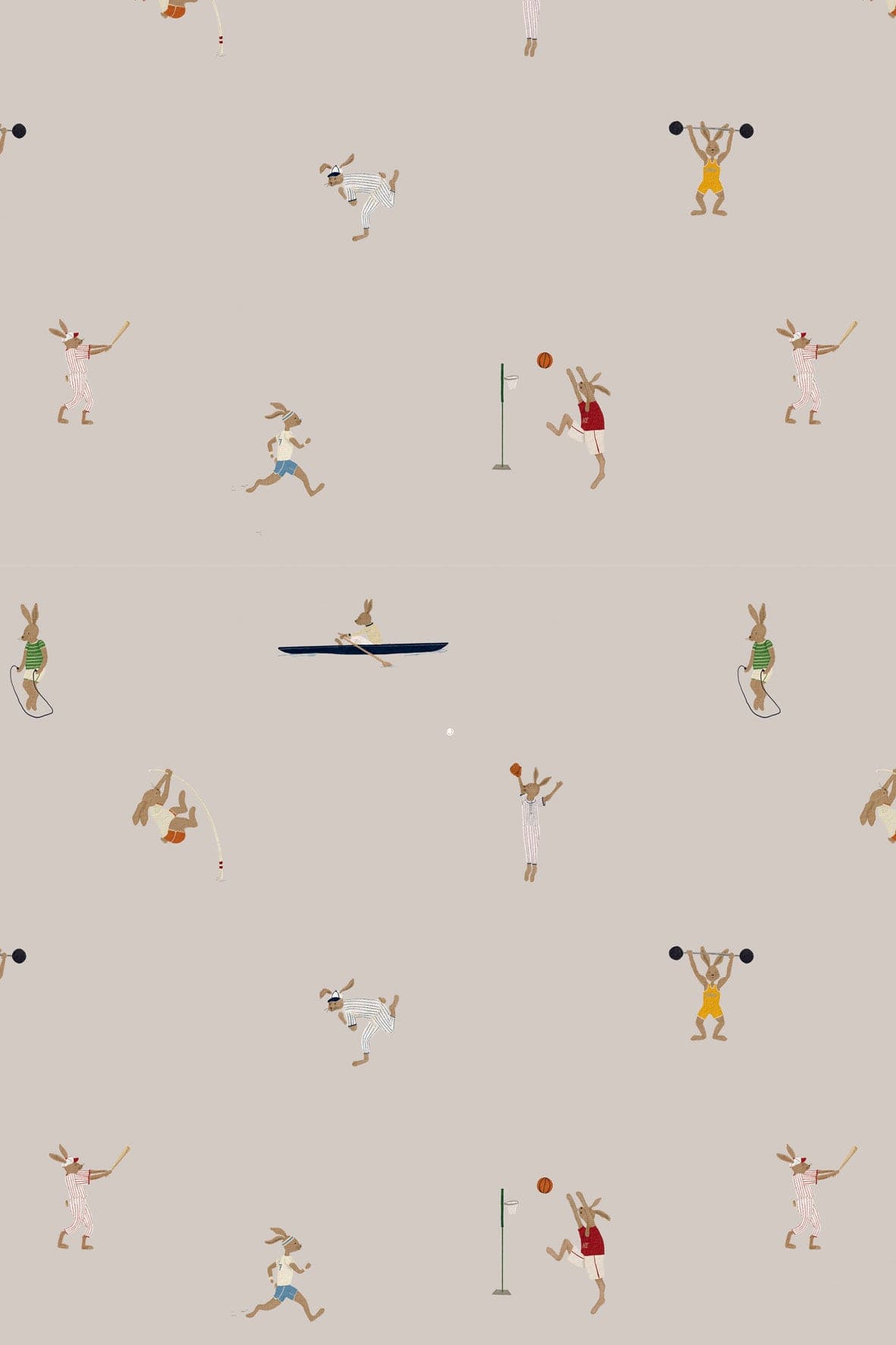 Sports bunnies beige wallpaper for children's rooms hand-painted design Amsterdam active theme