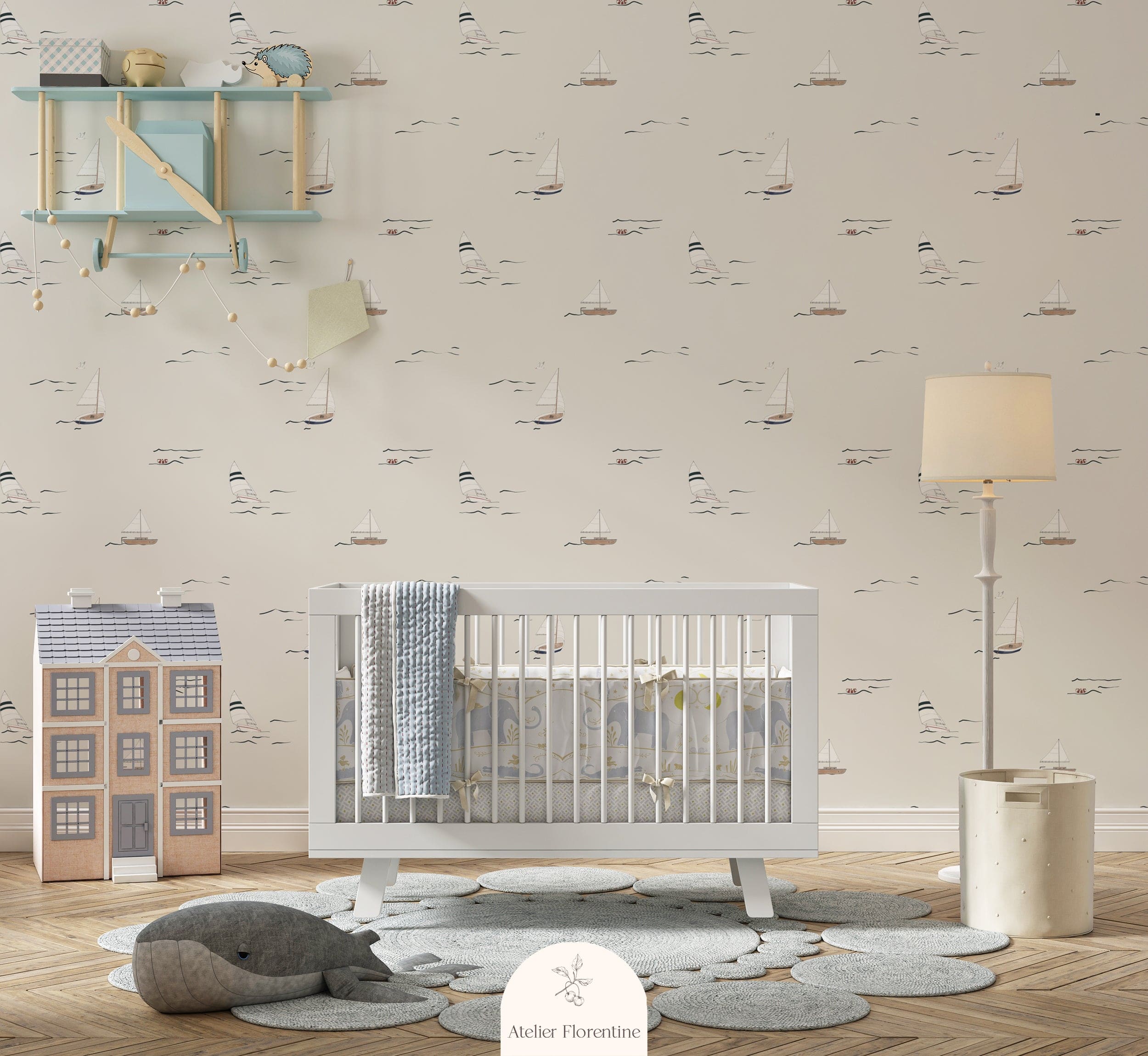 Beige sailboat wallpaper for children's rooms hand-painted nautical design Amsterdam